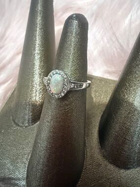 Vintage Sterling, silver opal and cubic zirconia ring size 6